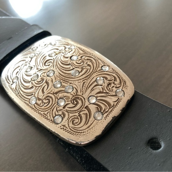 Unbranded Black Leather Big Silver Toned Rhinestone Belt Buckle XXL - Picture 3 of 7